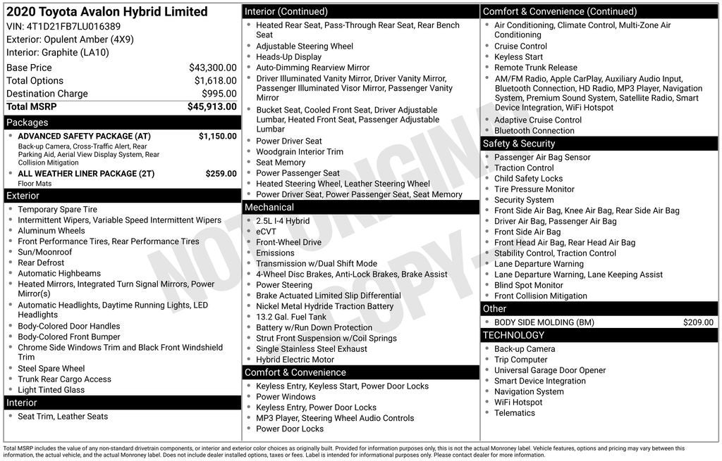 2020 Toyota AVALON HYBRID Limited