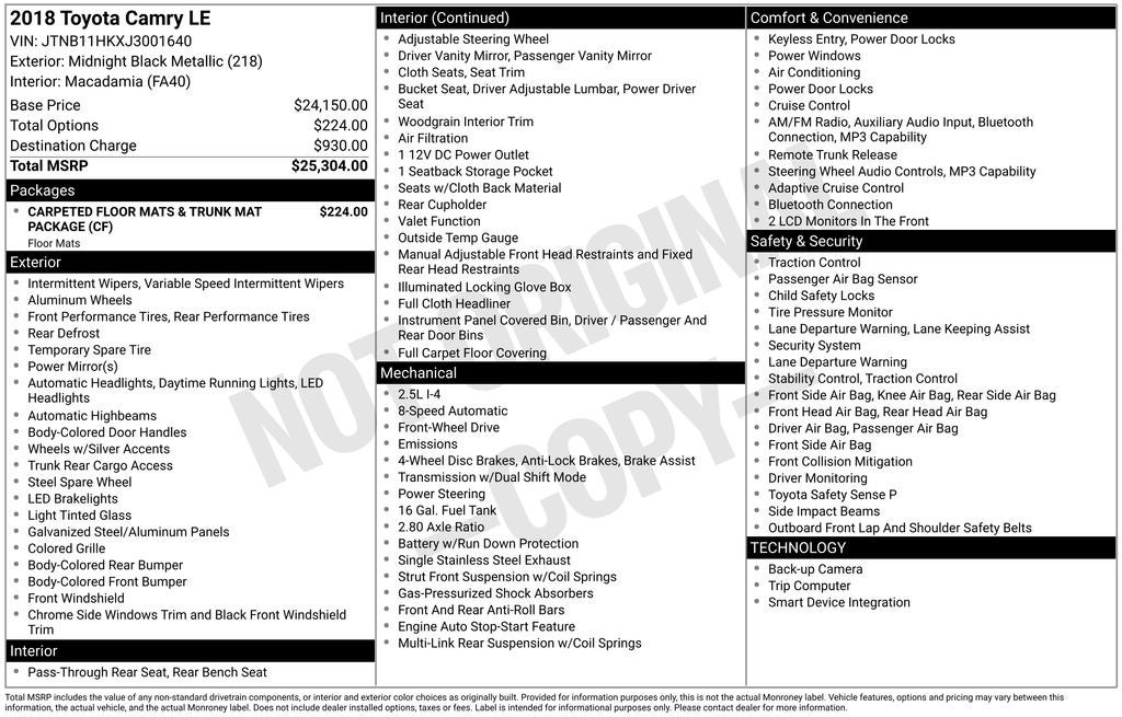 2018 Toyota CAMRY LE